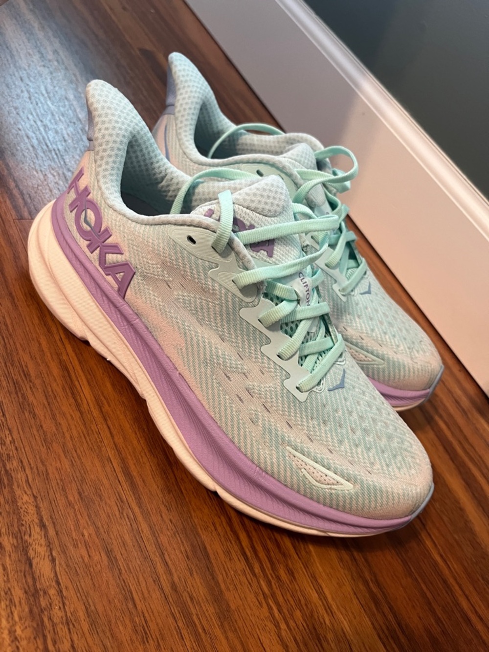 Hoka Clifton 9 Women's Mint and Lavender Running Sneakers